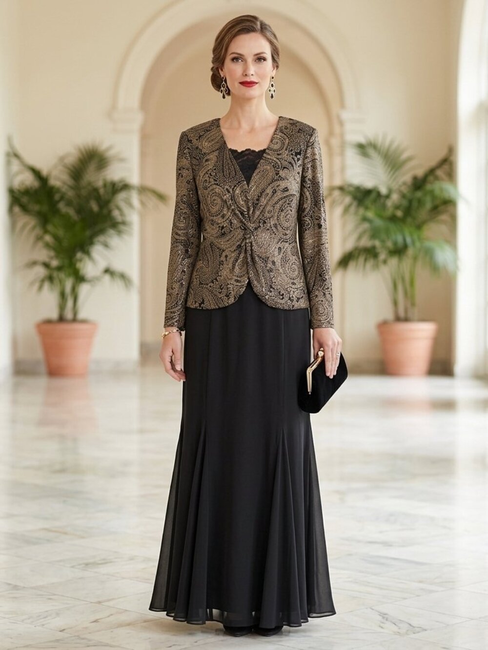 Alex Evenings Vintage Black Gold Metallic Paisley Gown 14 Lace Inset Faux Jacket